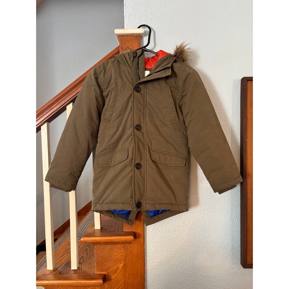 Mini Boden Olive Green khaki coat winter Jacket fur lined hood 8/9 134